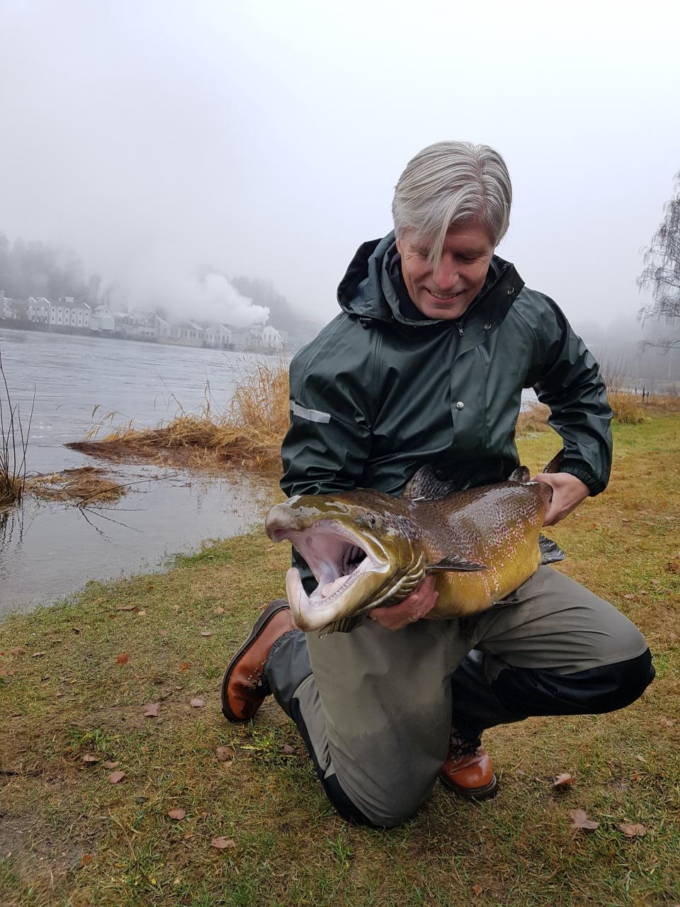 Elvestuen hadde ikke fiskelykke, men fikk gleden av å holde denne flotte villaksen i gytedrakt som snart skal gjøre jobben i klekkeriet.
