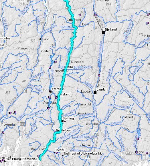 Utsnitt kraftutbygging som påvirker Audna. Bilde hentet fra NVE-Atlas.