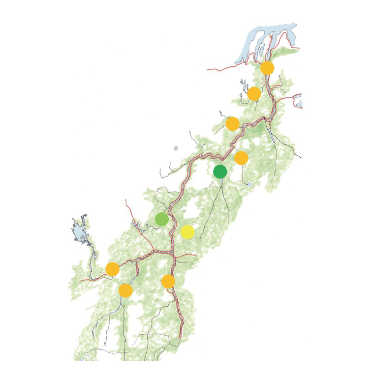 Figur 3. Oppsummering av bestandsstatus i ulike deler av Tana. Grønn/mørkegrønn tilsvarer 75 % sannsynlighet for at gytebestandsmål er nådd siste fire år, mens oransje betyr under 40 % sannsynlighet for at gytebestandsmål er nådd siste fire år (figur fra siste rapport fra den finsk-norske forsknings- og overvåkningsgruppa for Tana).