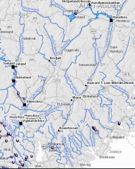 Utsnitt kraftutbygging som påvirker Tovdalselva. Fra NVE-Atlas.