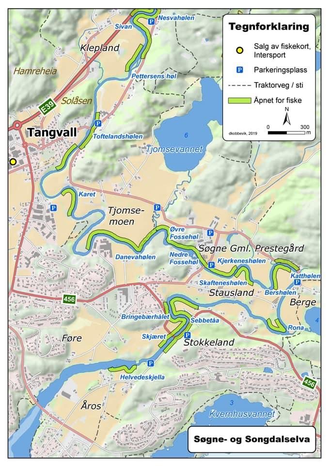 Kartet viser tillatte fiskeplasser i den nederste delen av elva
