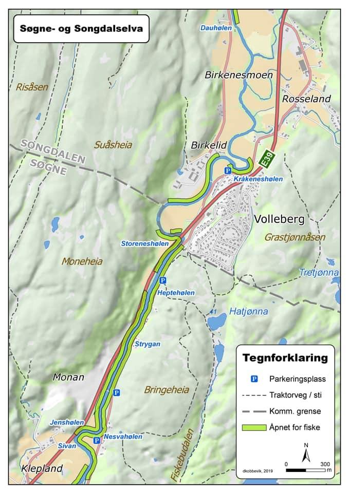 Kartet viser de lovlige fiskeplassene i de nest nederst delene av elva. 