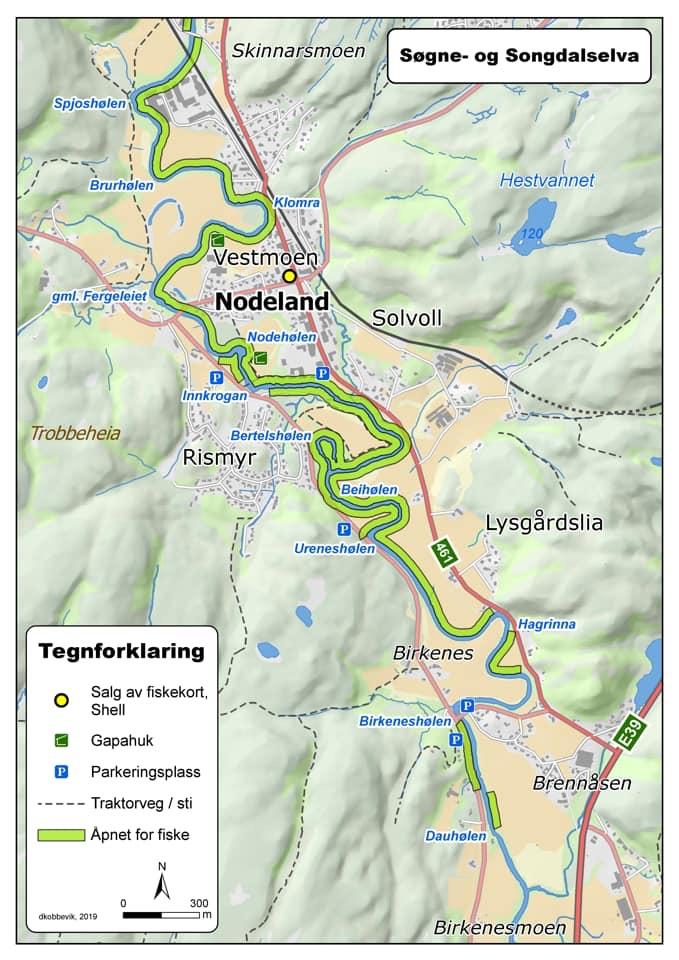 Kartet viser de lovlige fiskeplassene i de nest øverste delen av elva.