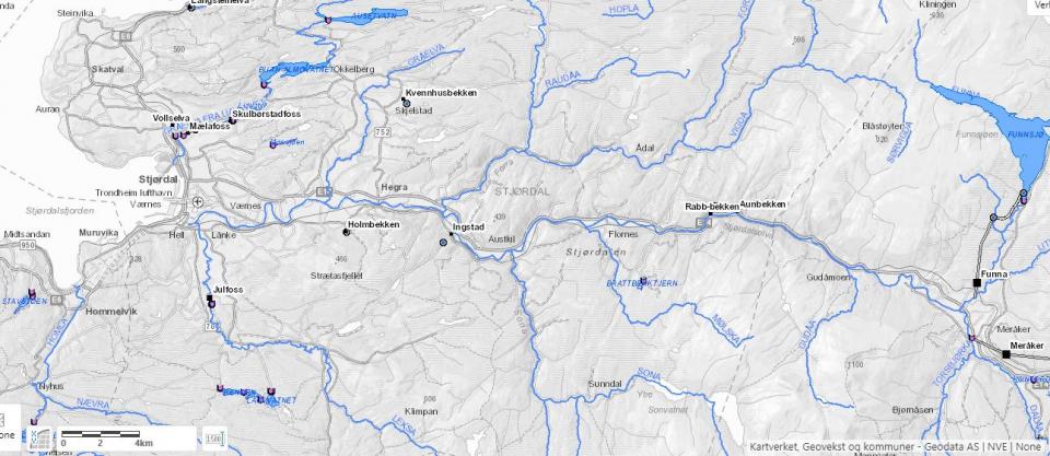 Utsnitt kraftutbygging som påvirker Stjørdalselva. Fra NVE-Atlas.