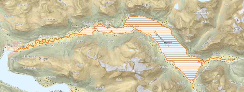 Markert område viser anadrom del av vassdraget og driftsplanområdet. Kart hentet fra Miljødirektoratet.