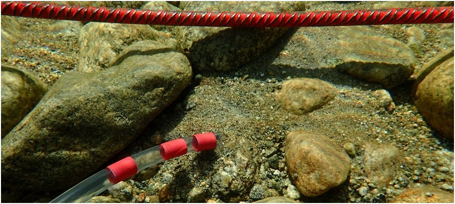 Elvebunn etter utslipp av finsediment (sand). På strekninger med terskler resulterer dette ofte i mindre hulrom og skjul i sedimentet, og dette langvarig. Siden elvebunnen er stabilisert av terskelene, er rensemulighet ved flommer begrenset.