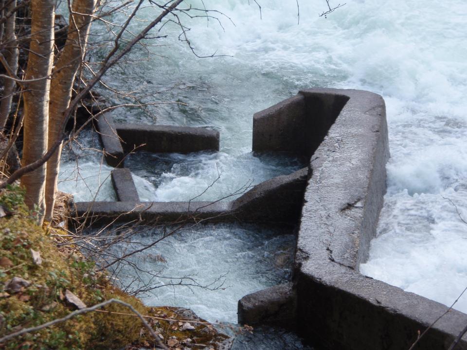 Her er inngangen til laksetrappa godt plassert ved foten av fossen.
