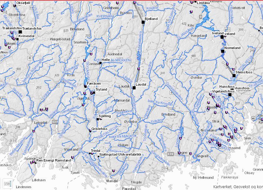 Utsnitt kraftutbygging som påvirker Mandalselva. Fra NVE-Atlas.