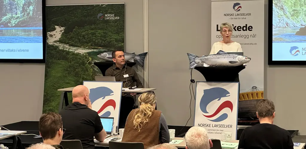 Ragnhild Brennslett på talerstolen under landsmøtet i Norske Lakseelver